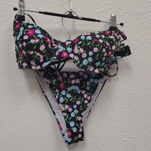 Black and Pink Floral Bikini Set Swim
